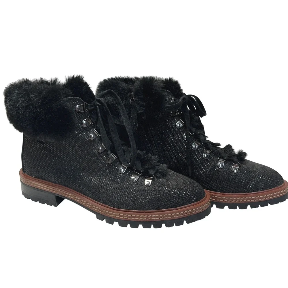 Kate Spade NY Rosalie Sparkly Black Leather‎ Ankle Boots SZ 9 Faux Fur NWOB